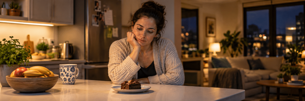 אישה יושבת במטבח בערב ומביטה בקינוח, ברגע של התלבטות לפני אכילה רגשית