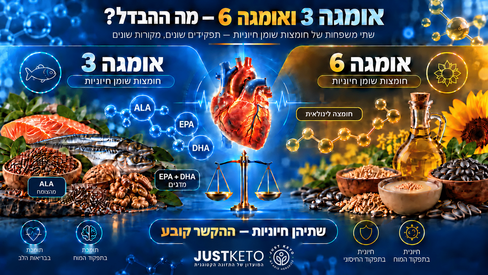 אינפוגרפיקה המשווה אומגה 3 ואומגה 6 ומציגה מקורות מזון וחומצות שומן ALA, EPA ו-DHA