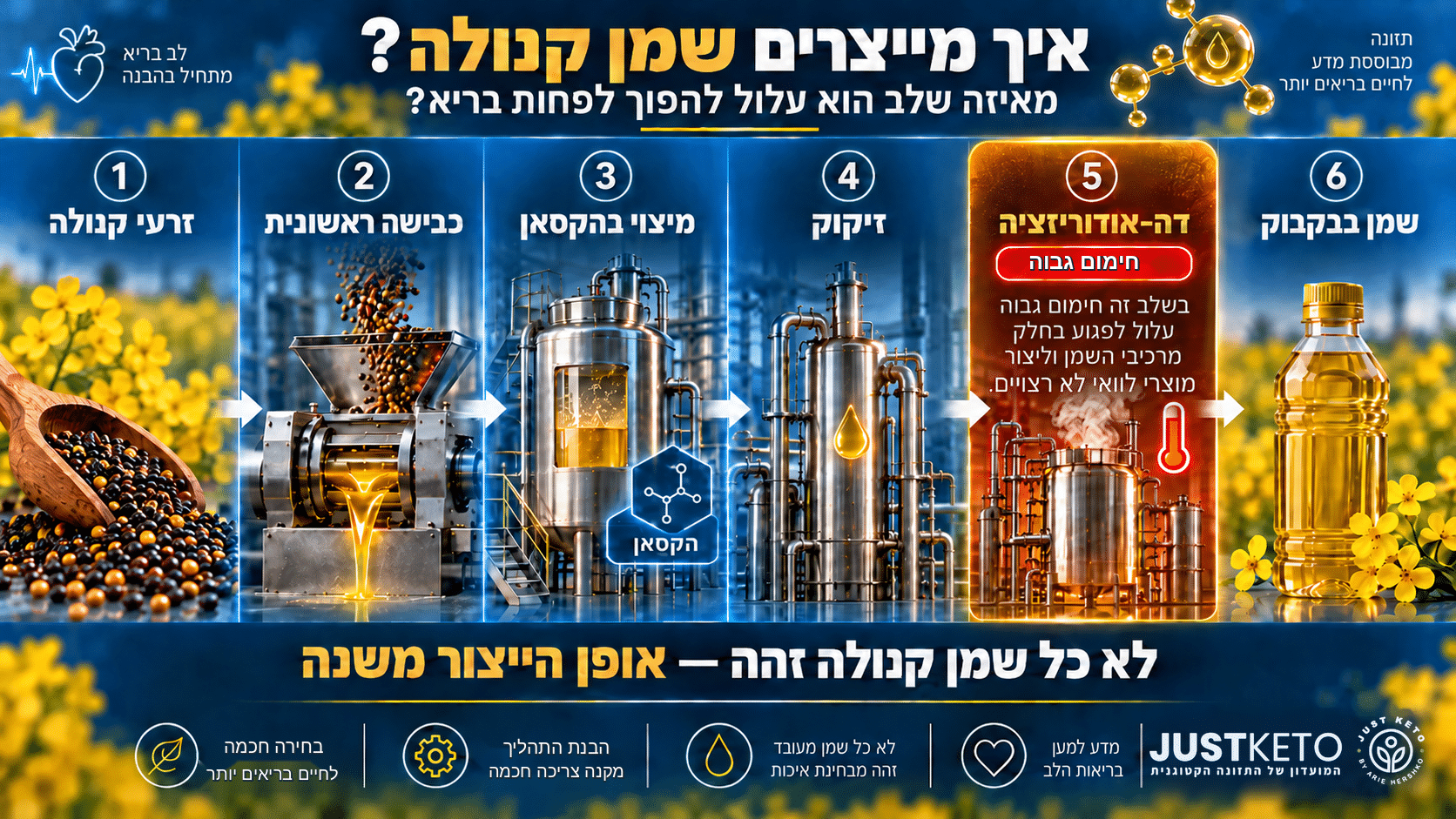תרשים של שלבי הפקת שמן קנולה מהזרעים דרך כבישה, מיצוי, זיקוק ודה-אודוריזציה ועד לבקבוק