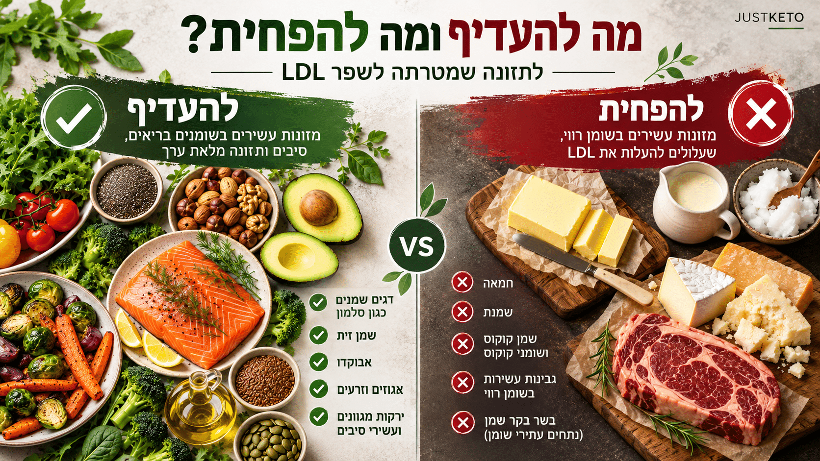 השוואת מזונות בתזונה להורדת LDL: דגים, שמן זית, אבוקדו ואגוזים מול חמאה, שמנת ובשר בקר שמן