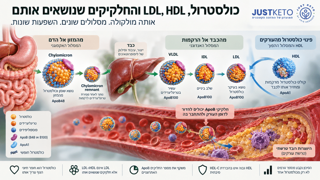 אינפוגרפיקה של מערכת הליפופרוטאינים: כילומיקרונים, VLDL, IDL, LDL, HDL וחלקיקי ApoB